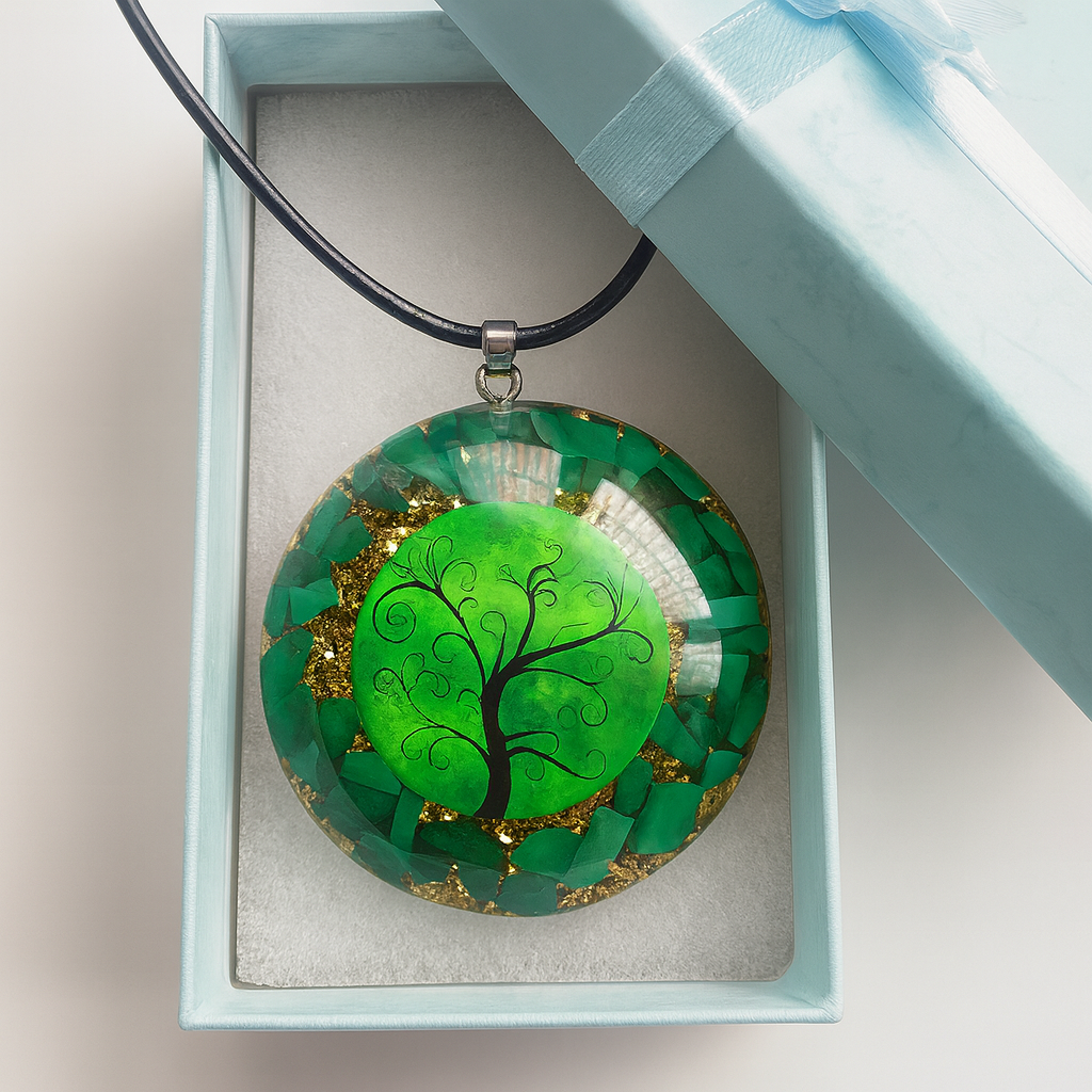 Orgonite Energy Pendant Green Malachite Tree of Life Orgone Chakra Healing Necklace Gift Package