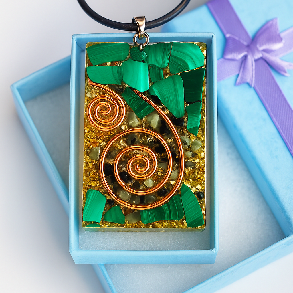 Handmade Orgone Pendant Necklace Black Tourmaline Malachite Crystal Stone Copper Energy EMF Protection Healing Orgonite Jewelry