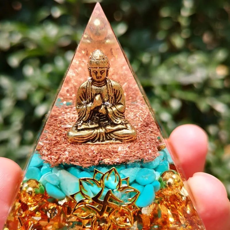 Buddha Statue Orgone Pyramid Healing Crystal Gold Wire Stone Figurine Energy Generator Meditation Reiki Balancing Resin Jewelry