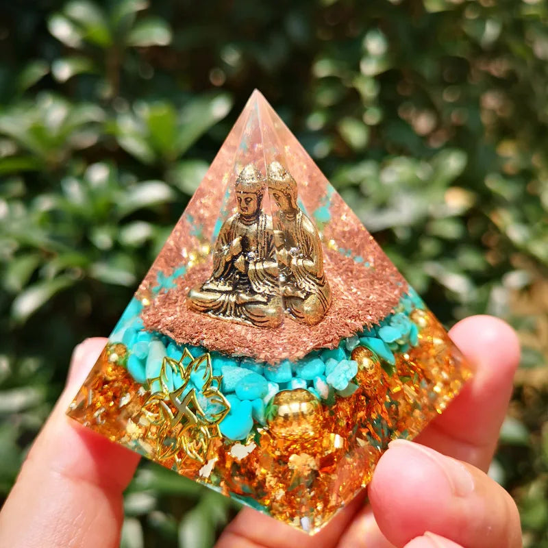 Buddha Statue Orgone Pyramid Healing Crystal Gold Wire Stone Figurine Energy Generator Meditation Reiki Balancing Resin Jewelry