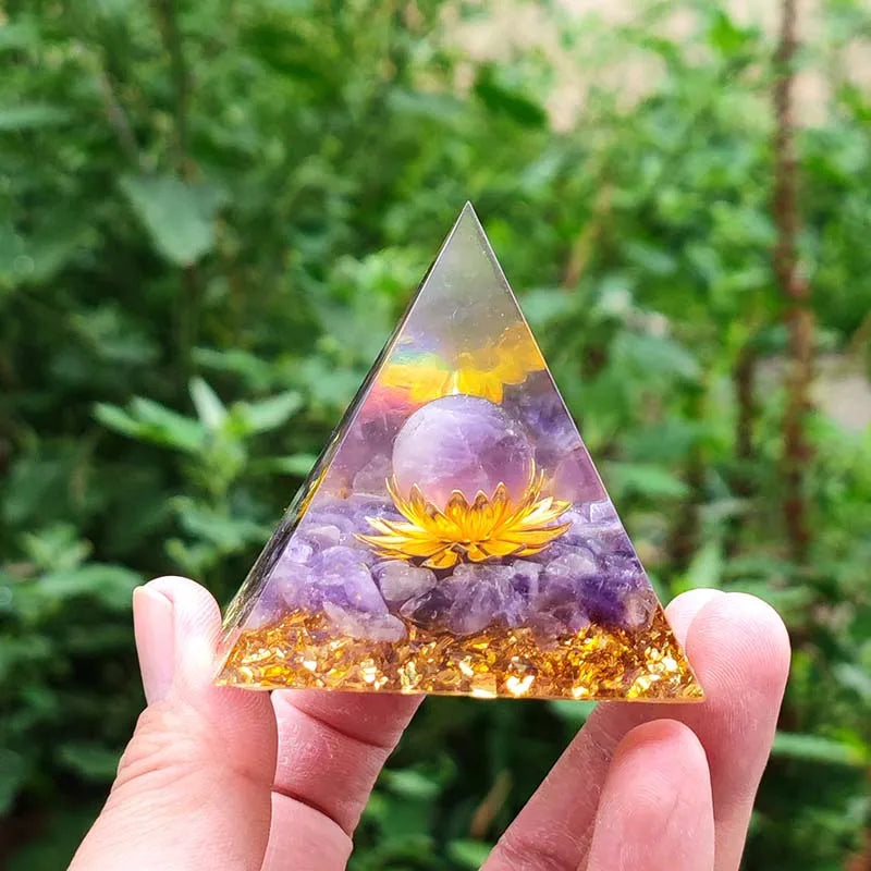 Lotus Orgonite Pyramid Amethyst Orgone Energy Black Obsidian Healing Reiki Chakra Meditation Gem Table Top Decoration