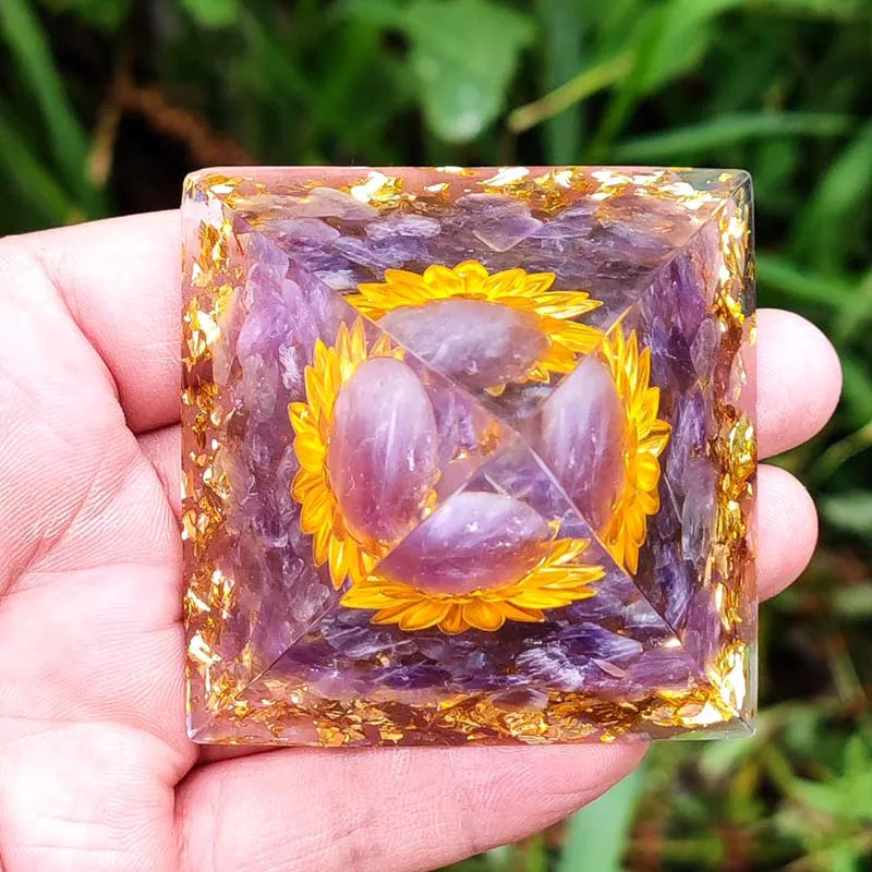 Lotus Orgonite Pyramid Amethyst Orgone Energy Black Obsidian Healing Reiki Chakra Meditation Gem Table Top Decoration